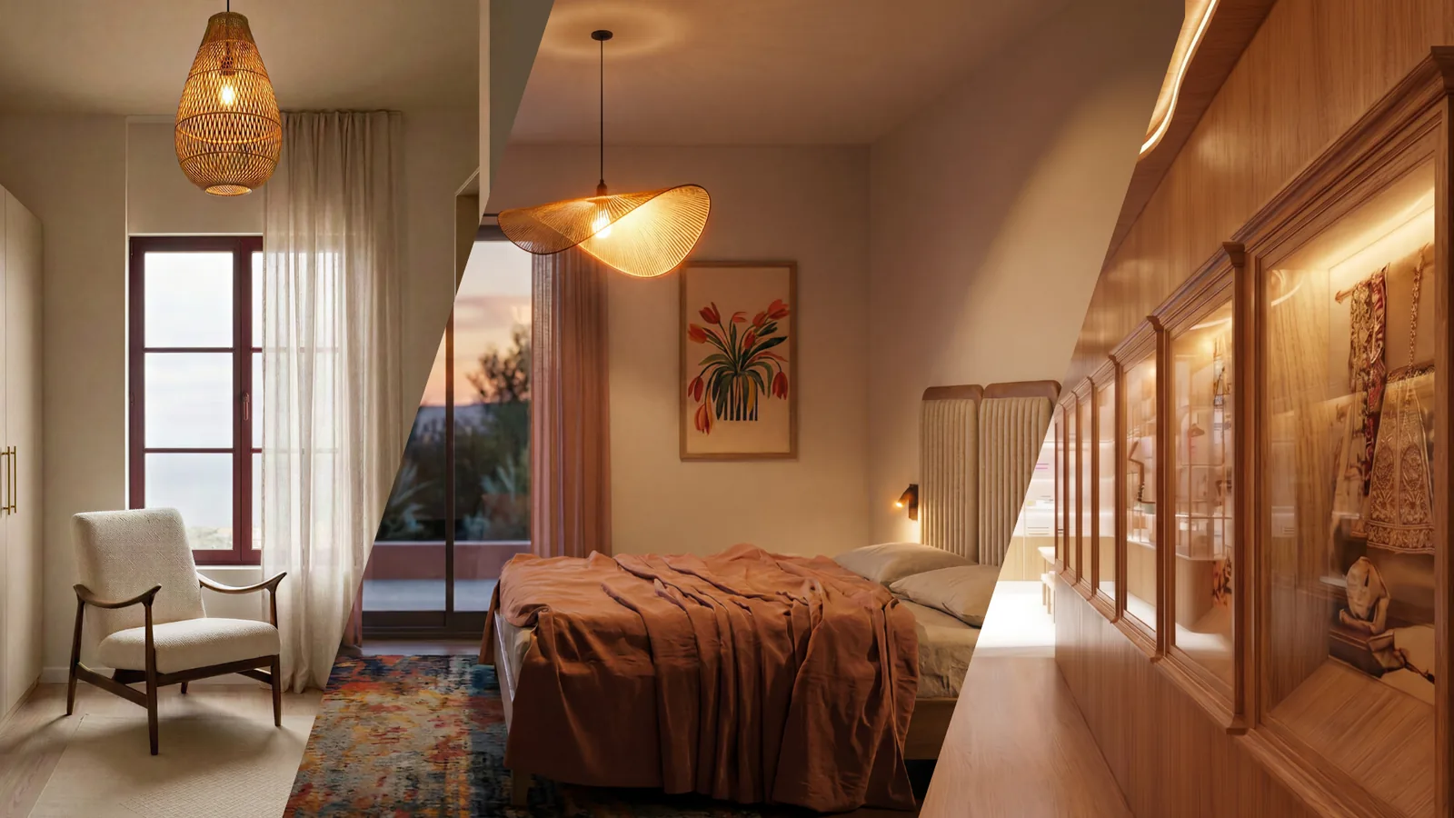 Triptyque d’intérieurs réalisés : séjour, chambre et boutique
