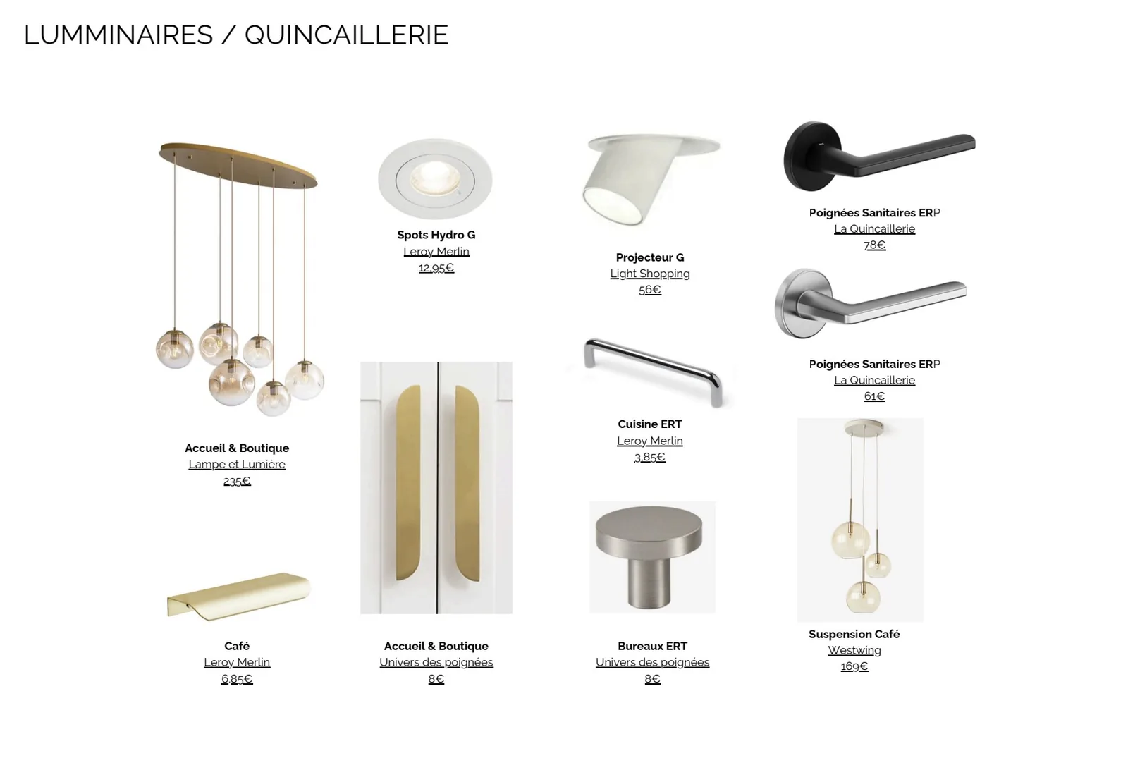 Liste de shopping luminaires et quincaillerie