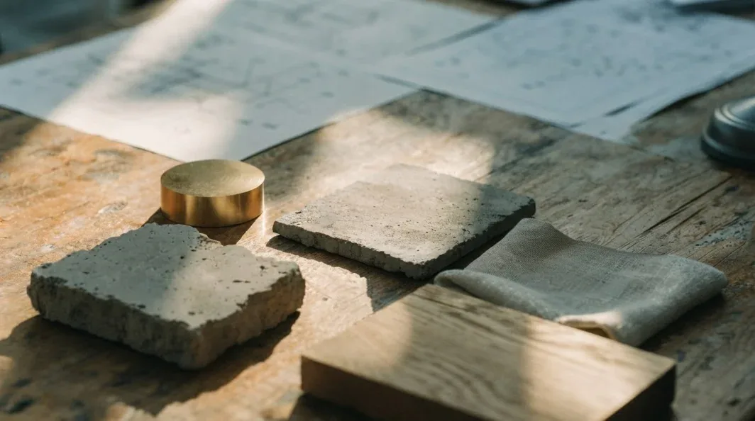 Échantillons de pierre, de bois et de laiton posés sur la table de l’agence DESSIGNE