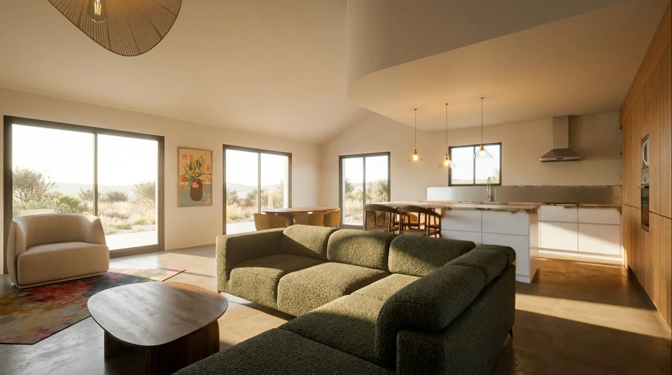 Piece a vivre de Combebelle, canape boucle vert olive ouvert sur la cuisine et le paysage de garrigue