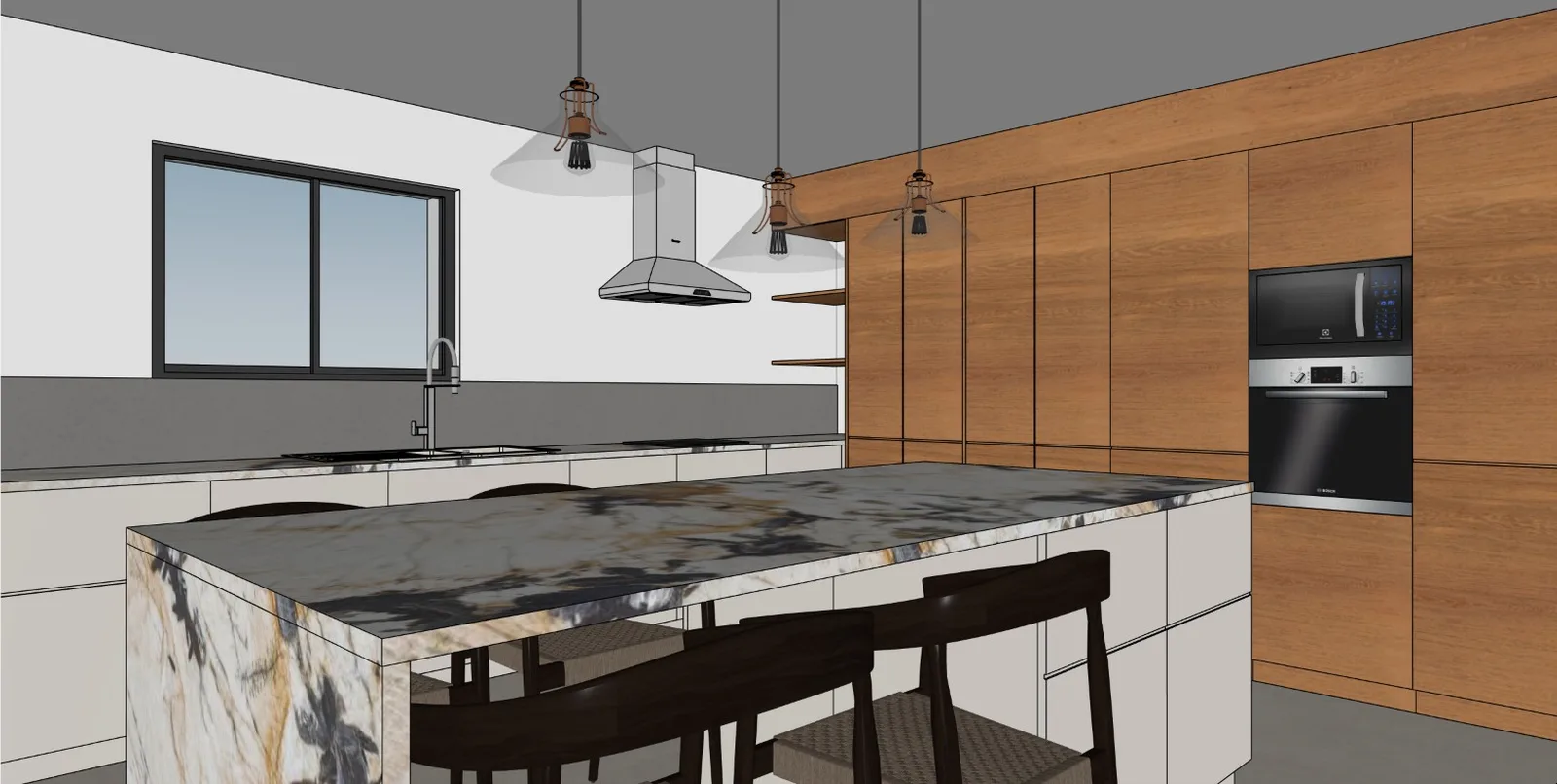 Maquette 3D d’une cuisine avec îlot central, avant rendu photoréaliste