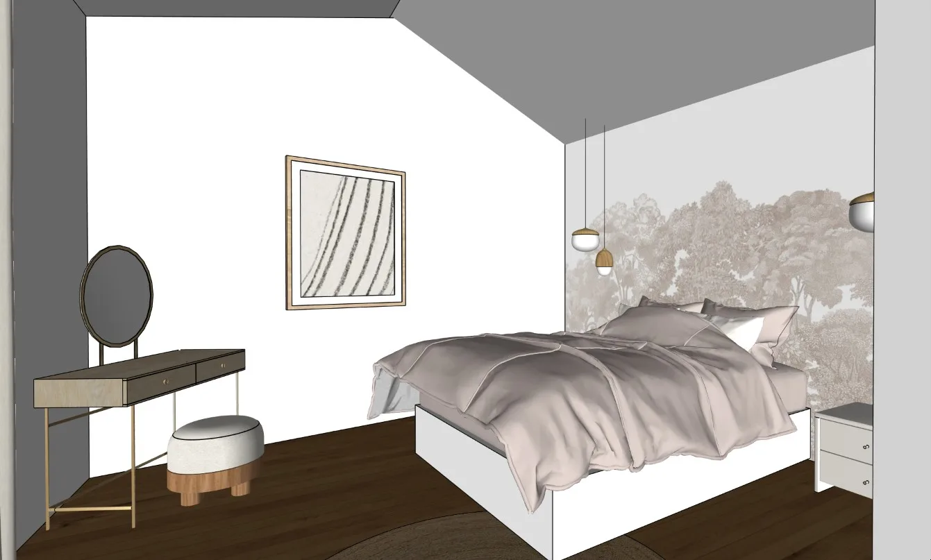 Maquette 3D d’une chambre sous comble avec coiffeuse, avant rendu photoréaliste