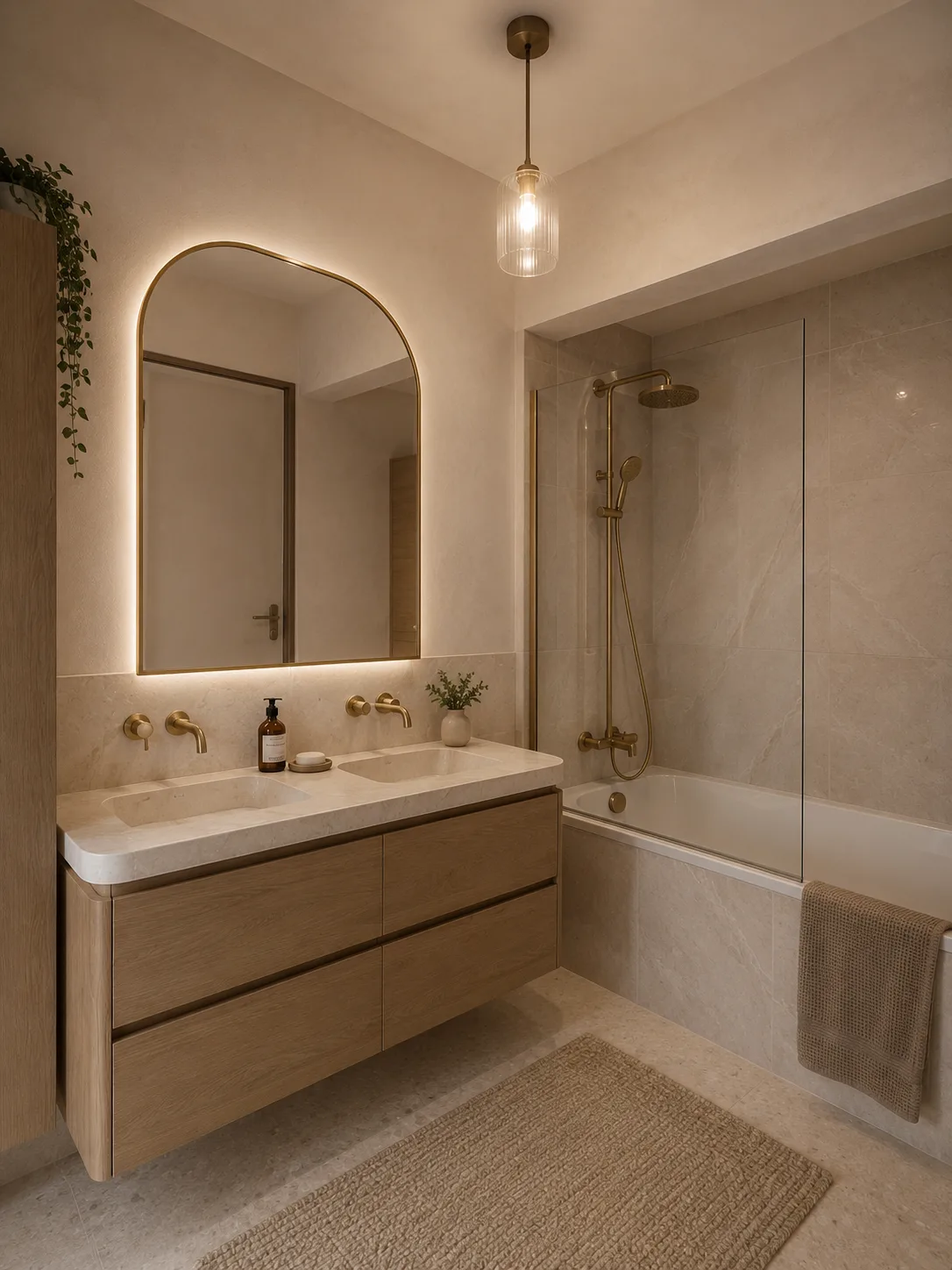 La même salle de bain après home staging virtuel : meuble double vasque et douche à l’italienne