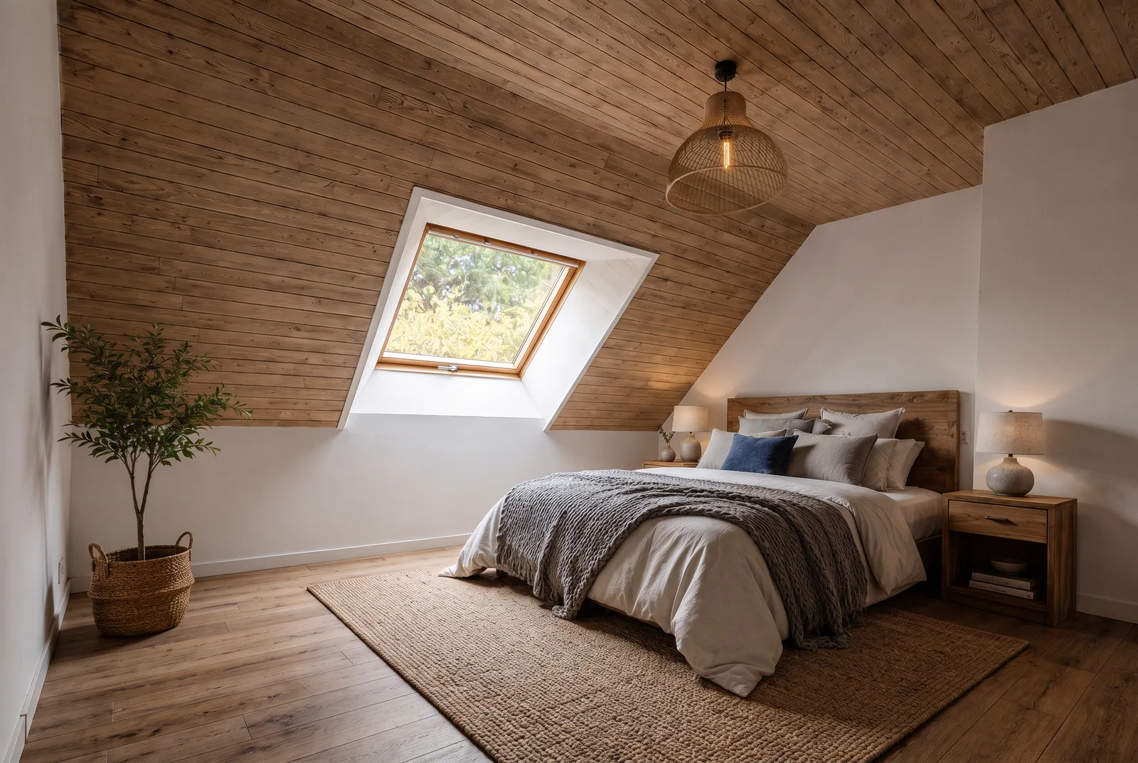 Le même comble après ameublement virtuel : chambre avec lit en bois et suspension tressée