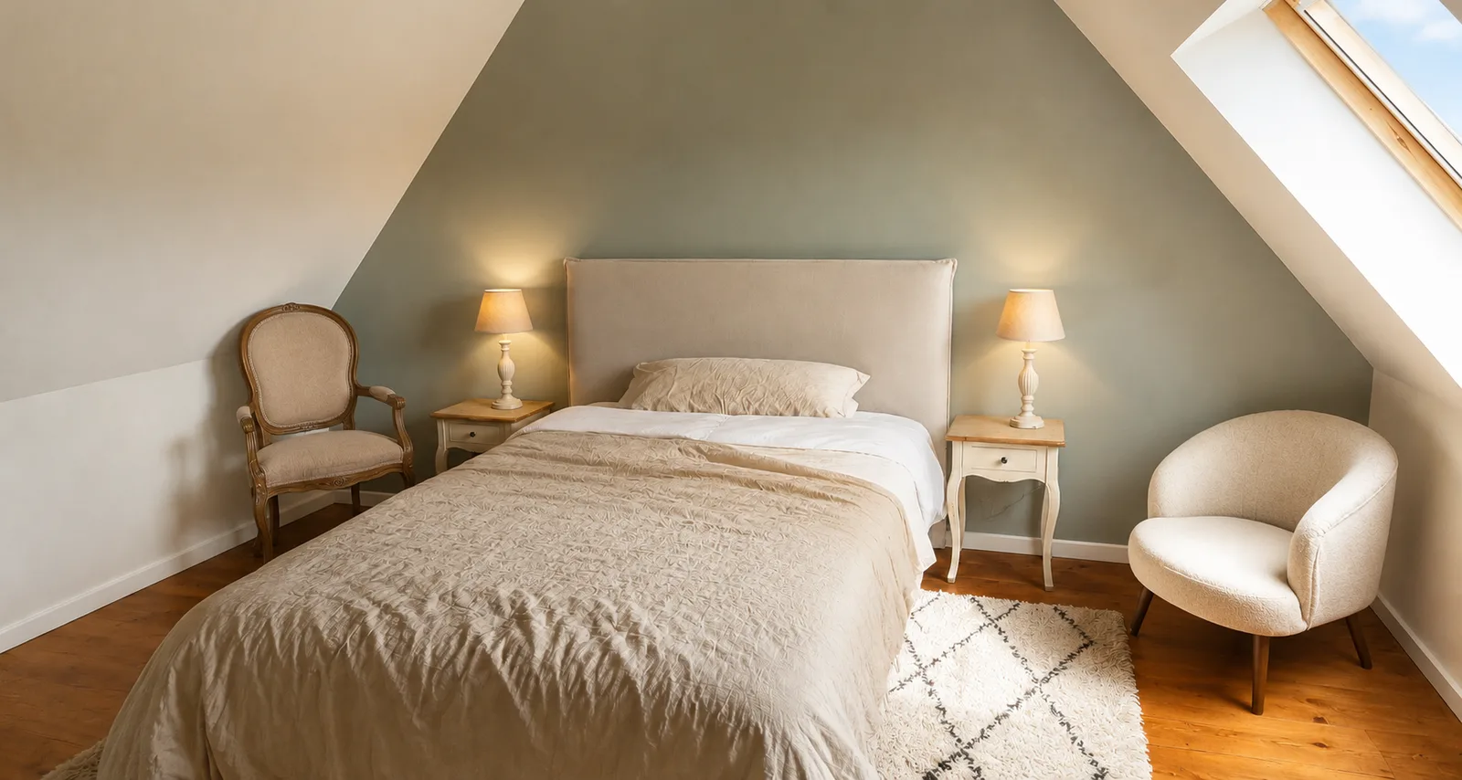 La même chambre après retouche photo : literie lissée et pièce rangée
