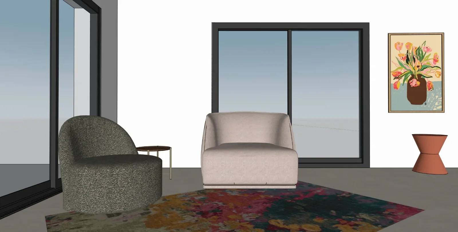 Maquette 3D d’un salon avec fauteuil et baie vitrée, avant rendu photoréaliste
