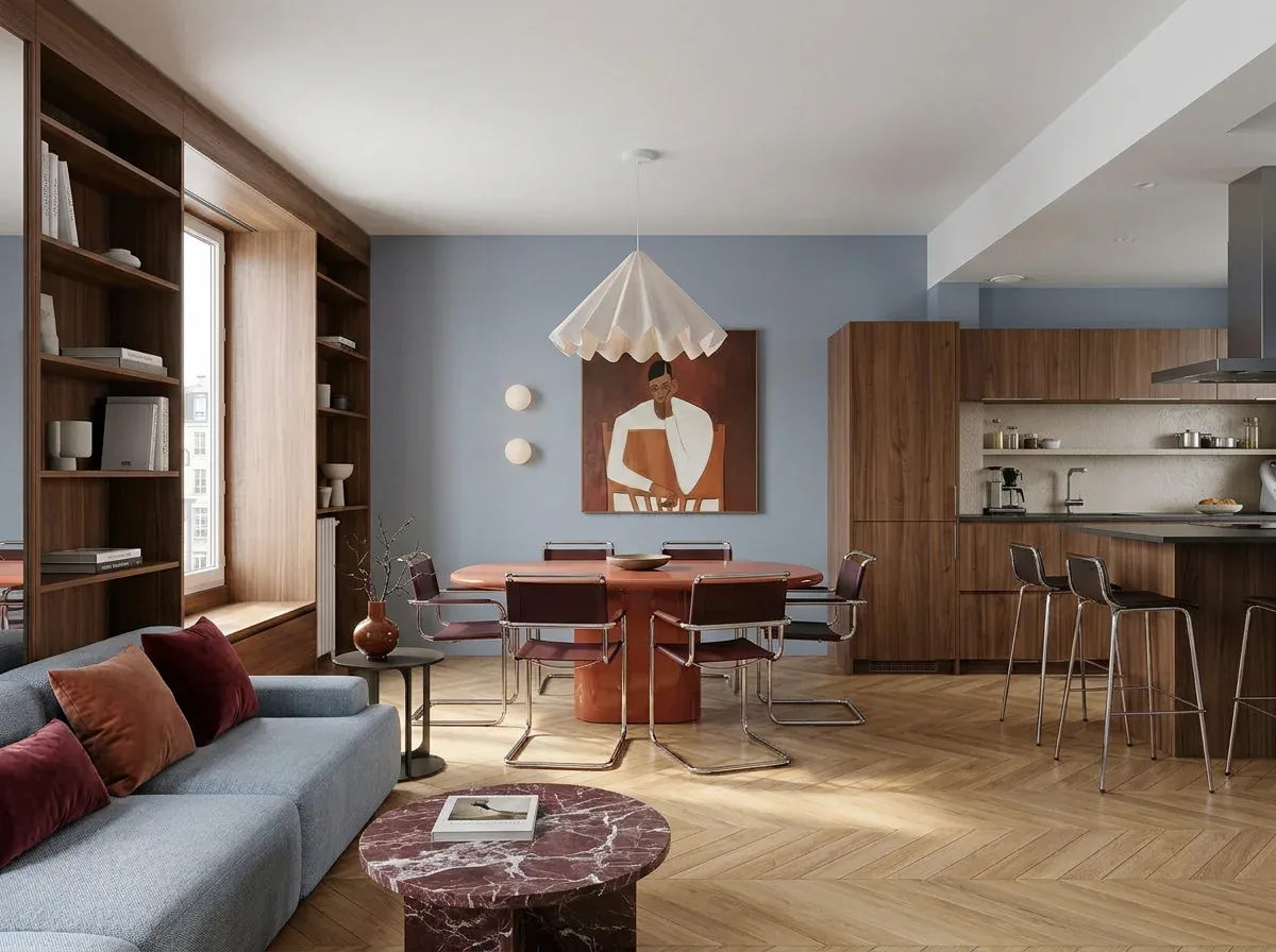 Le même séjour après home staging virtuel : cuisine ouverte et parquet point de Hongrie