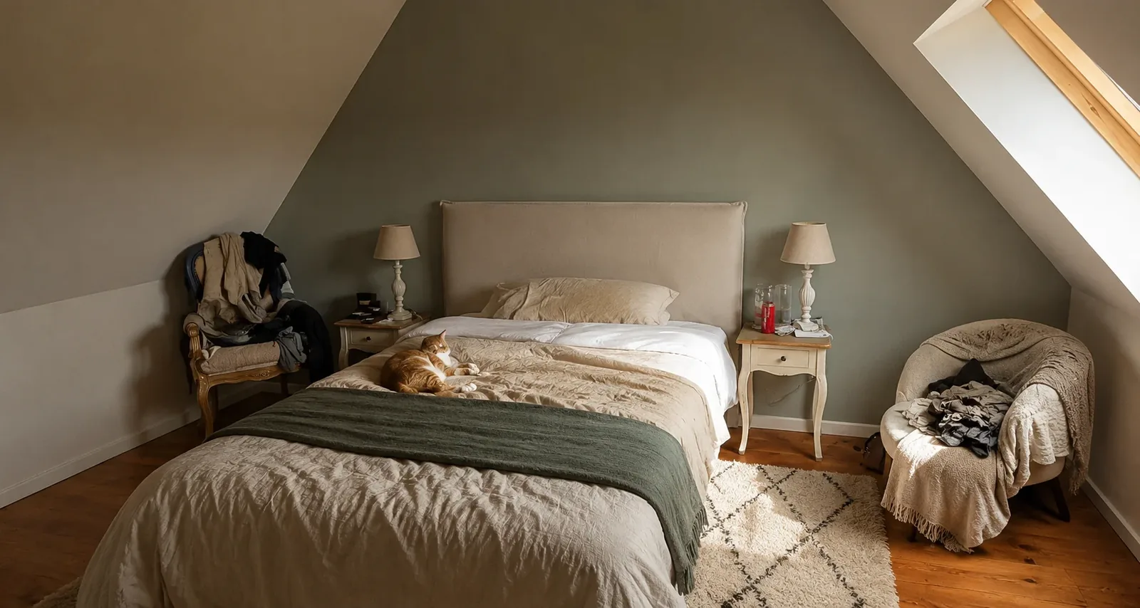 Chambre sous comble avant retouche photo, vêtements et objets sur le lit