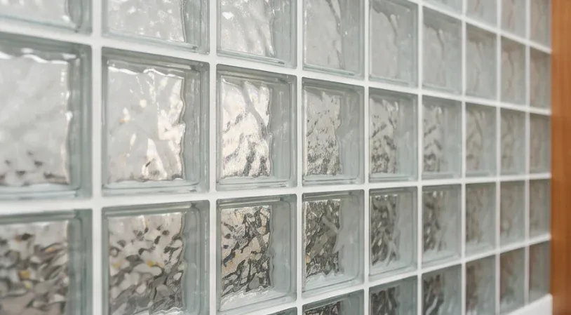 Détail de la cloison en briques de verre de la fondation Manoré