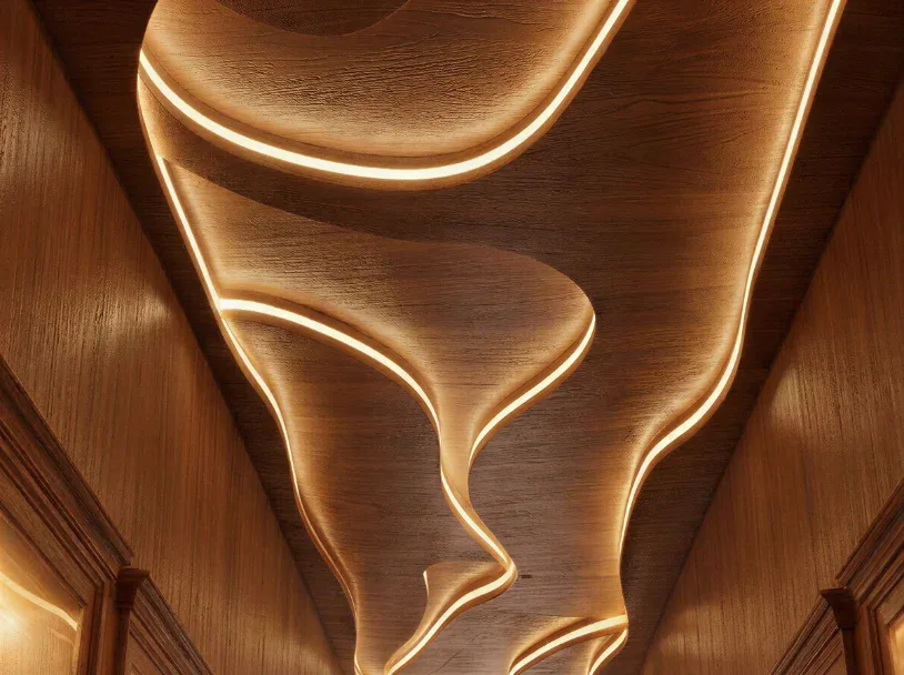 Détail du plafond en noyer sculpté et de sa gorge lumineuse, Manoré