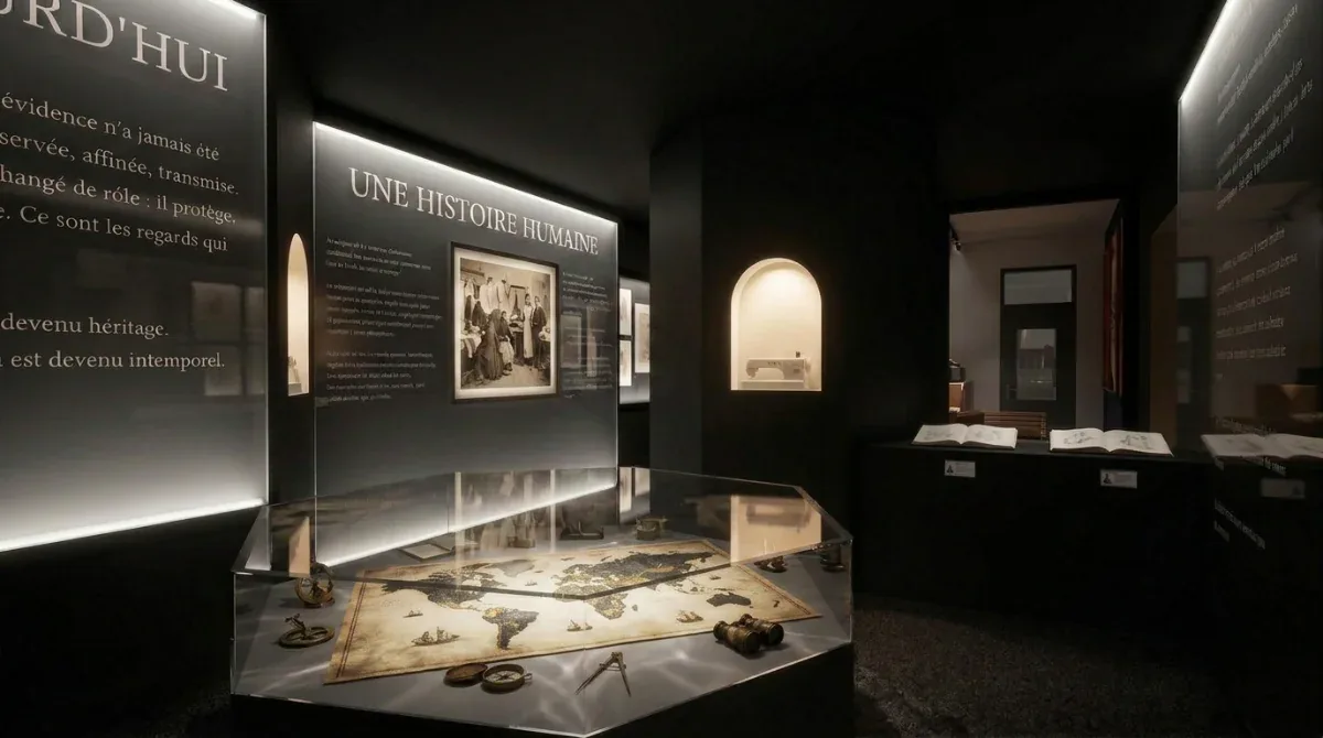 Salle d’exposition permanente de la fondation Manoré, scénographie sombre et vitrines éclairées