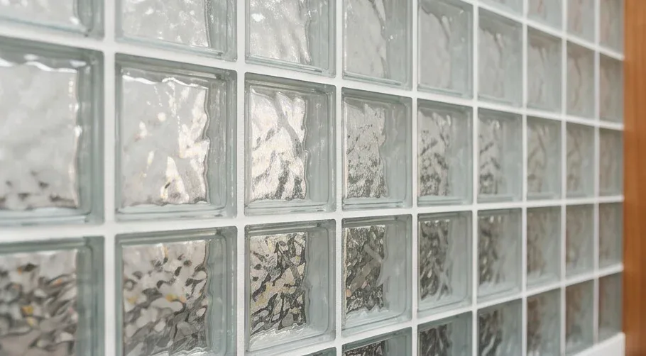 Détail de la cloison en briques de verre translucides de Manoré