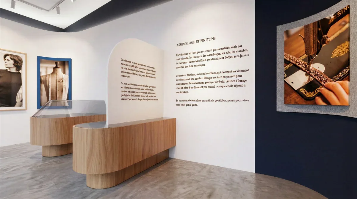 Banque d’accueil en chêne de la fondation Manoré et mur bleu nuit