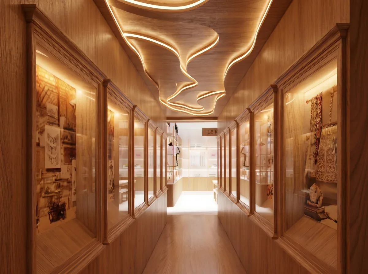 Galerie d’exposition de Manoré, lambris en noyer et plafond aux lignes lumineuses