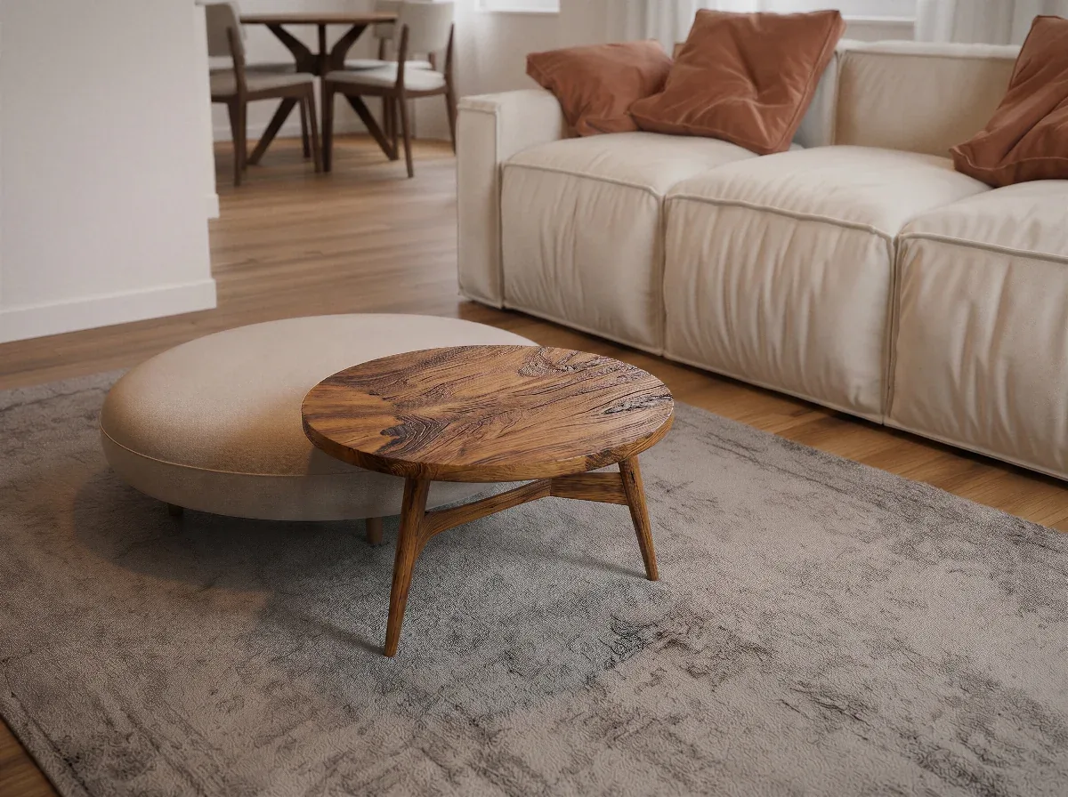 Table basse en bois brut et tapis du salon de La Placette