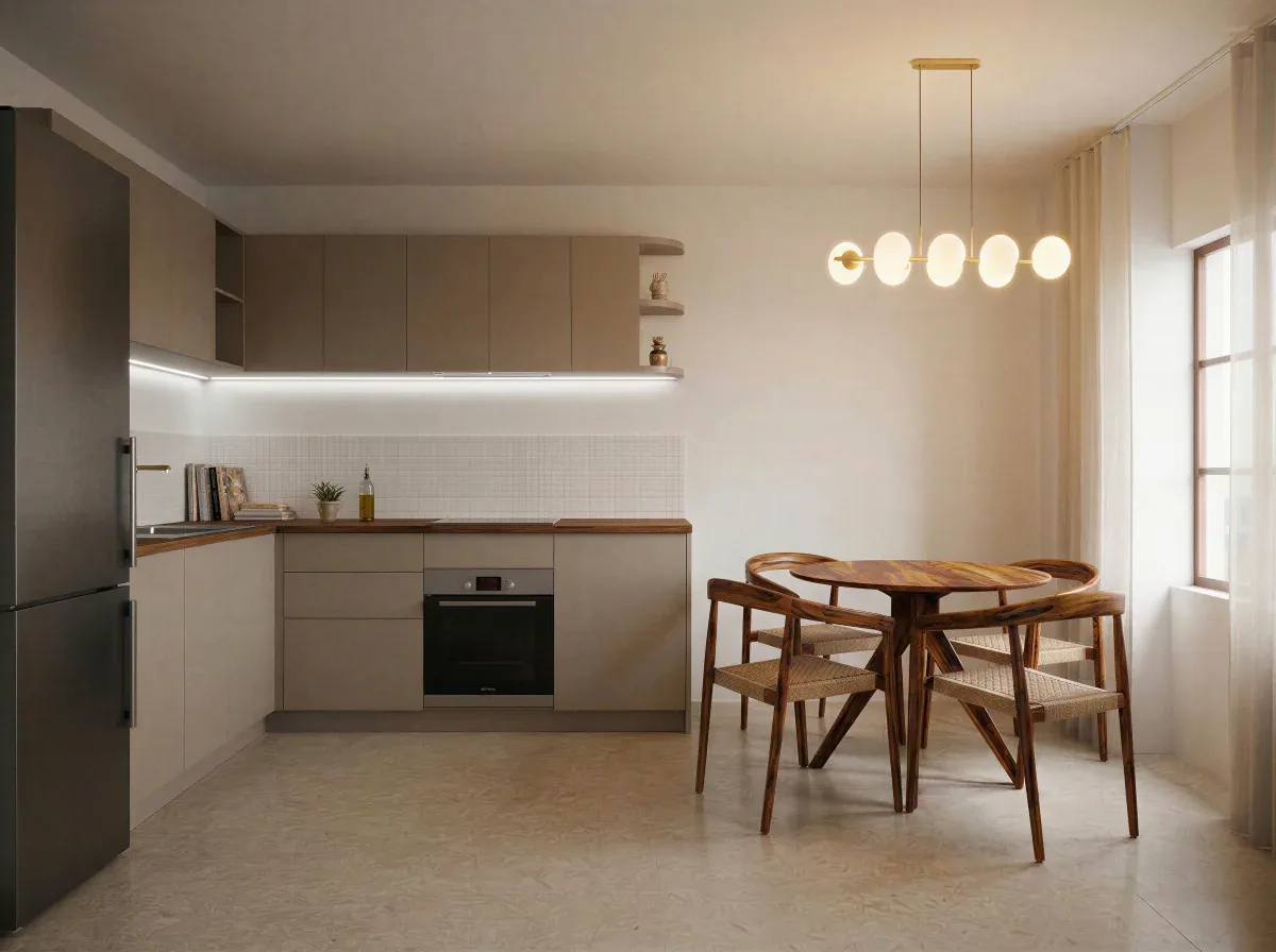 Cuisine de La Placette, façades sable et plan de travail en bois