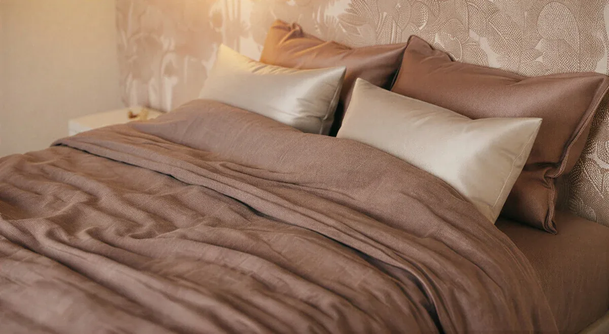 Détail du linge de lit en lin lavé de la chambre La Placette