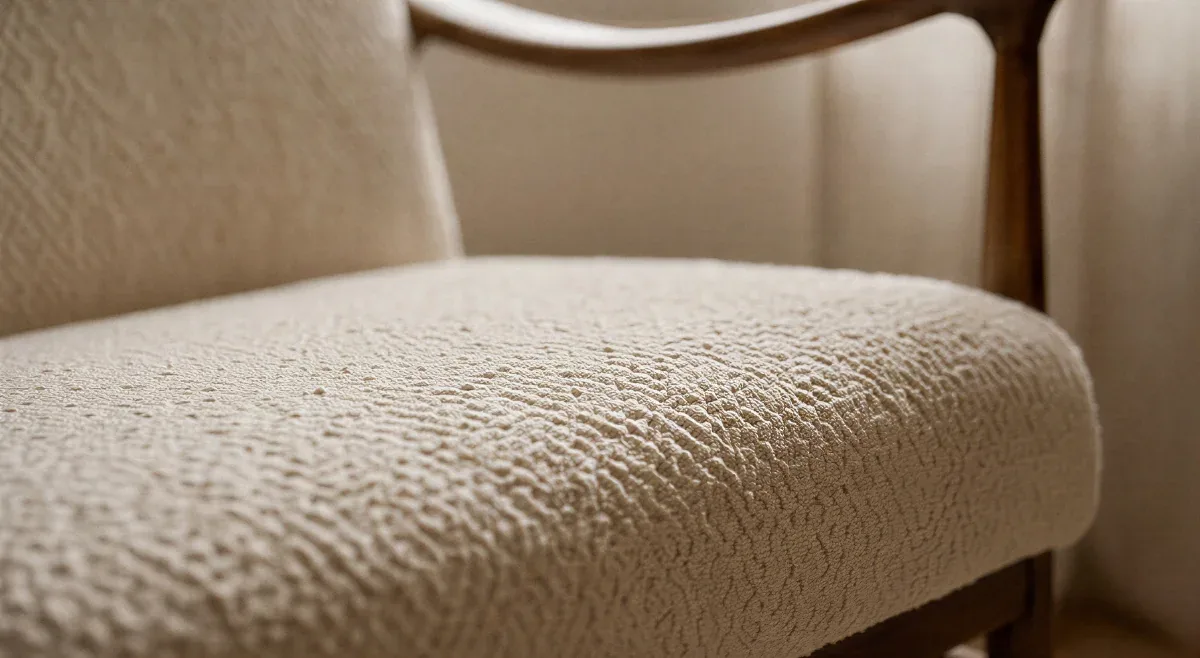 Détail de l’assise en tissu bouclé du fauteuil de La Placette