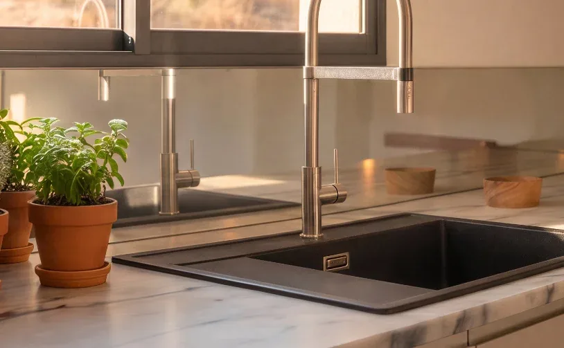 Mitigeur inox et évier en pierre de la cuisine Combebelle