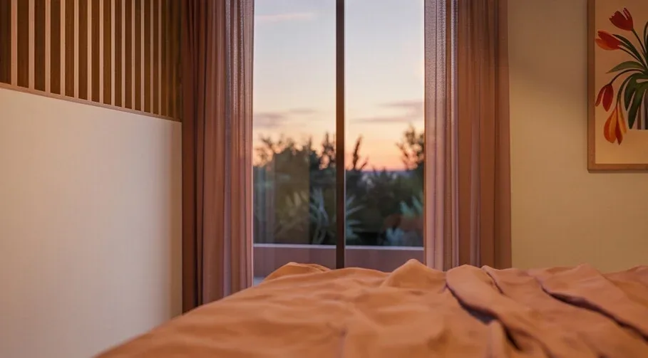 Chambre de Combebelle au crépuscule, rideaux ouverts sur la garrigue de Saint-Rémy-de-Provence