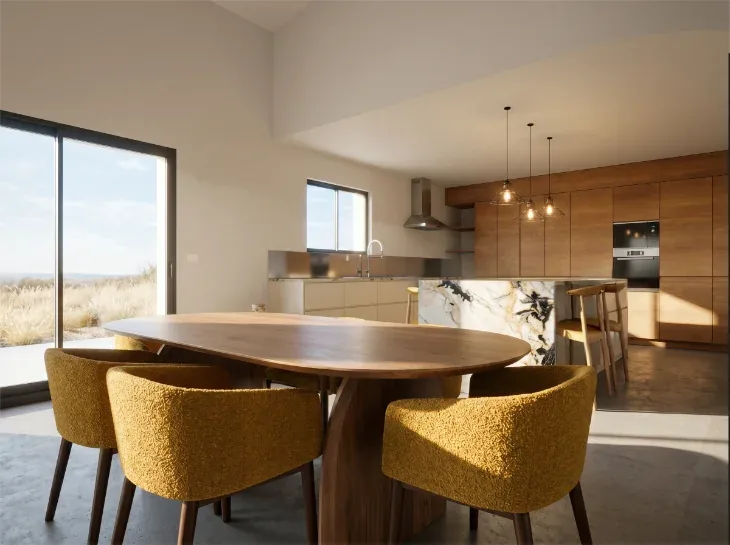 Coin repas de Combebelle, table ronde en noyer et chaises en tissu bouclé jaune