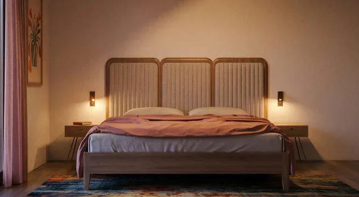 Chambre de Combebelle, tête de lit cannelée en bois clair et appliques murales