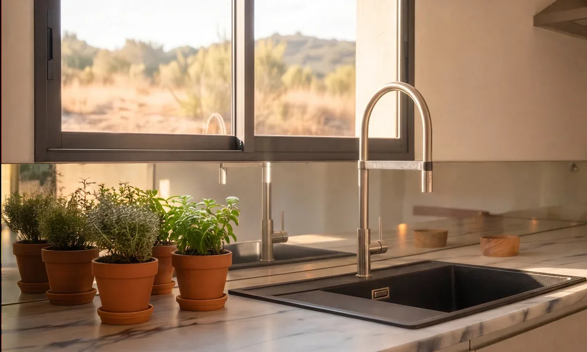 Évier de la cuisine Combebelle, mitigeur inox et aromates en pots de terre cuite