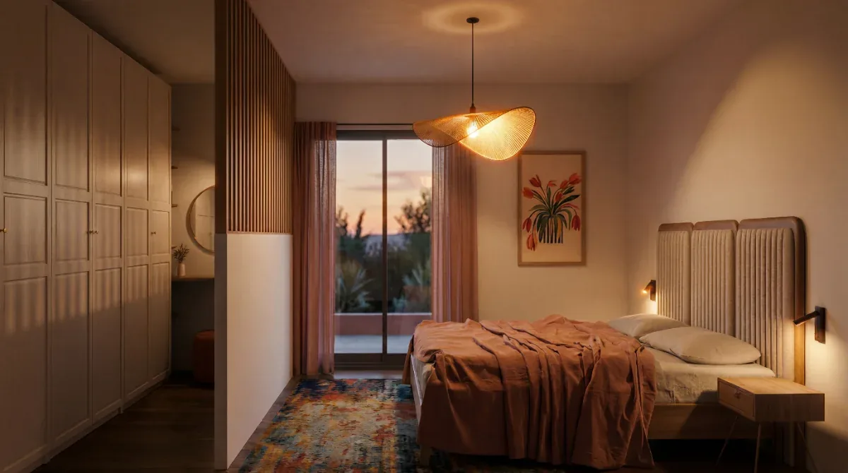 Chambre principale de Combebelle, dressing intégré et accès direct à la terrasse