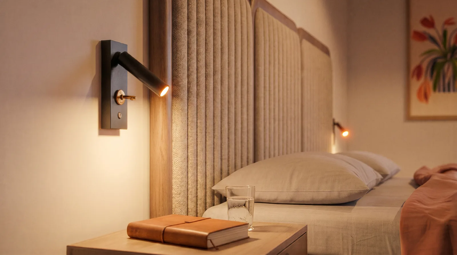 Chevet en bois et applique orientable de la chambre de Combebelle