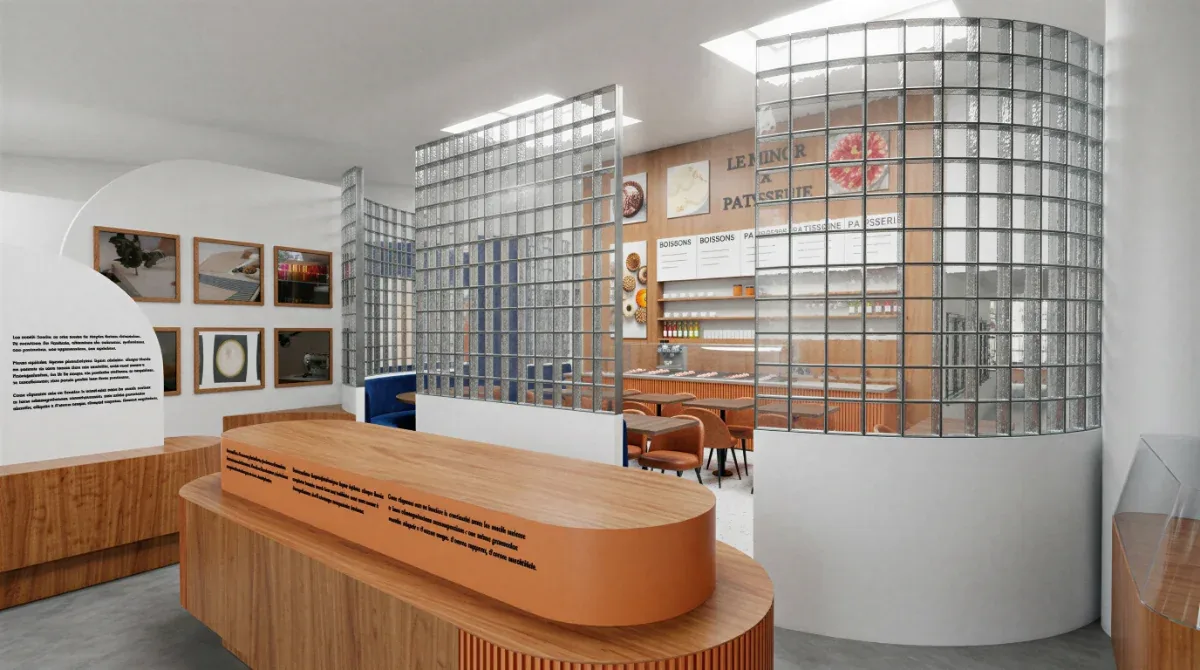 Fondation culturelle Manoré, salle de dégustation derrière la cloison de briques de verre